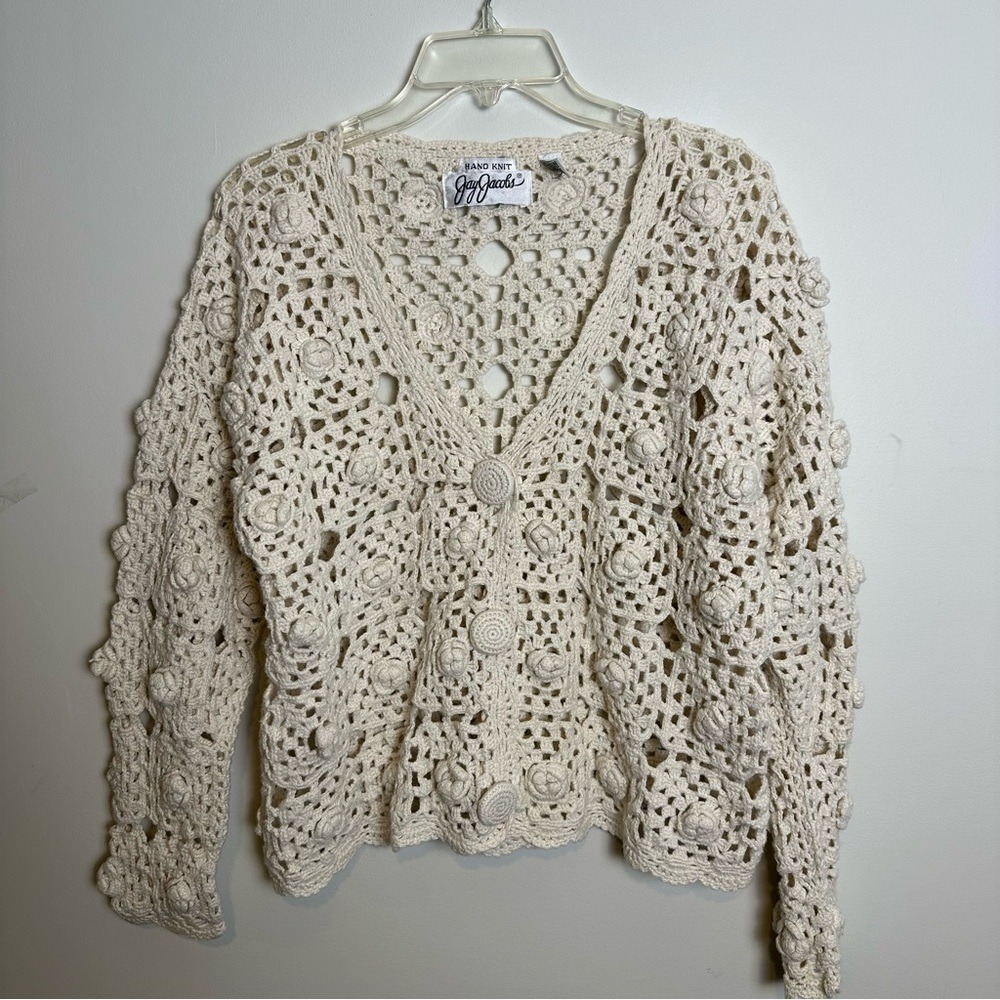 VINTAGE Jay Jacobs Open Knit Crochet Granny Square Roses Cardigan, Cream | O/S